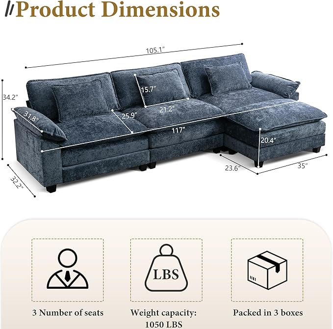URRED Modular Sectional Sofa Comfy Cloud Couch, Modern Chenille Sofa Sleeper Deep Seat Couches with Ottoman/Pillows for Living Room (Blue, 117''- L Shape)