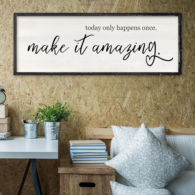 Today Only Happens Once Make It Amazing Wall Art Decor 32x12 Inch Large Inspirational Quote Sign Rustic Living Room Vintage Wood Frame Office Motivational Home Wall Hanging (Black)