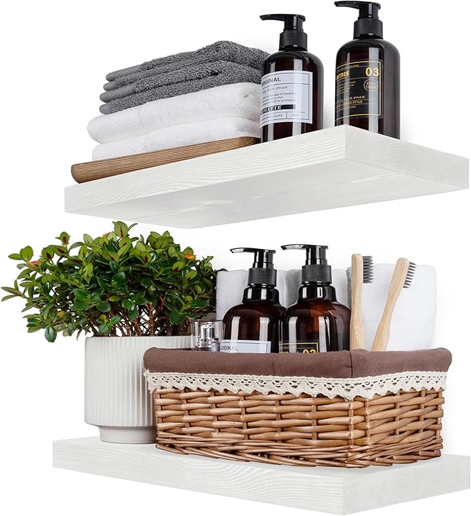 BGMG Wood Floating Shelves 16 inch Set of 2, Rustic Wooden Wall Mount Shelves for Bathroom Living Room Bedroom Kitchen Farmhouse -16x 6.7 x1.25 inch- White