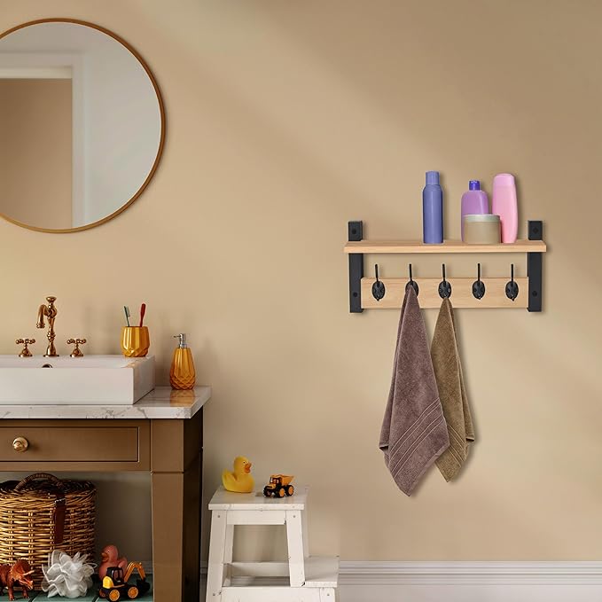 Sorbus Coat Hooks Wall Mount with Shelf – 16 Inch Coat Rack Wall Mount with 5 Heavy Duty Hooks – Floating Wall Shelf with Hooks for Entryway, Bathroom, Bedroom, Kitchen, or Mudroom (Maple Wood)
