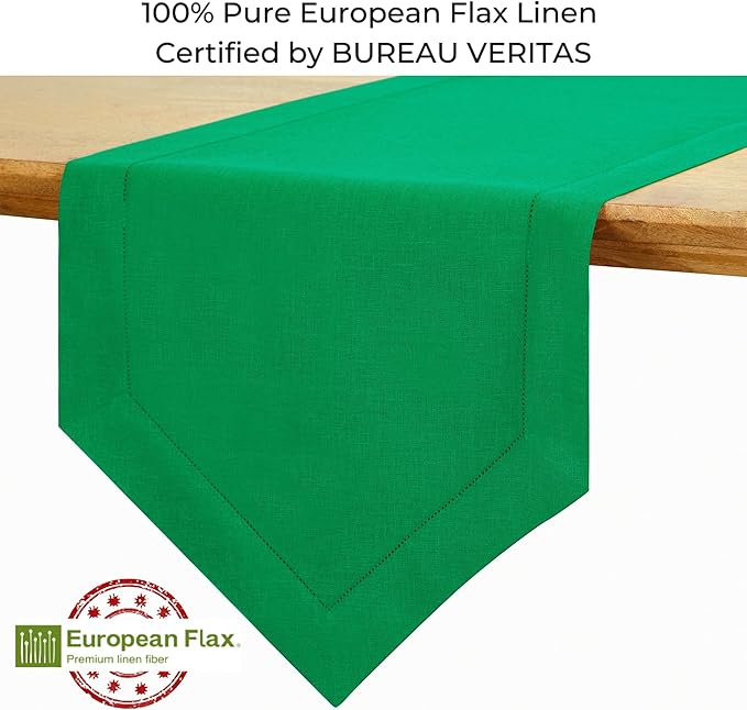 D'Moksha Homes Kelly Green Linen Table Runner 72 Inches Long - 100% Pure Linen Diamond Table Runner 14 x 72 Inch for Dining, Fall and Halloween - Machine Washable
