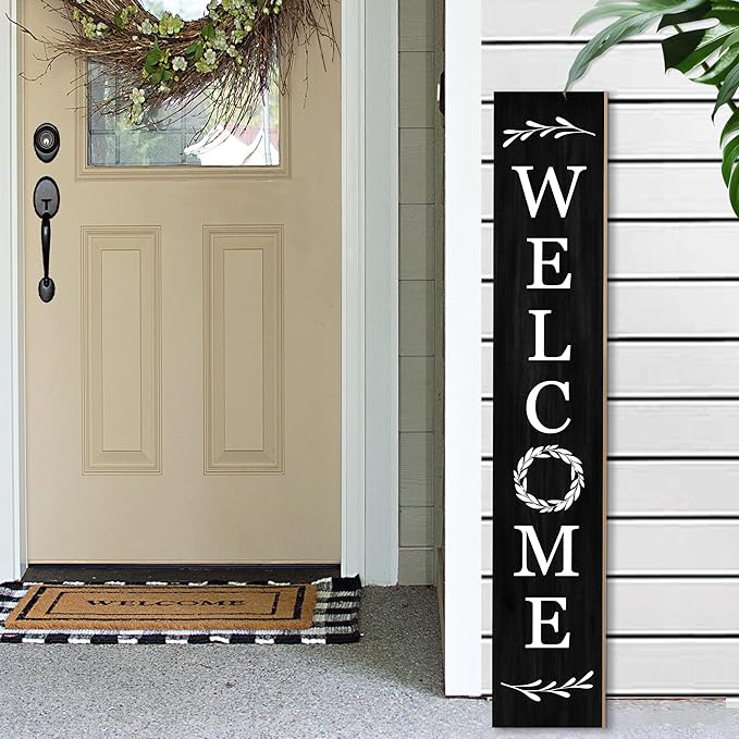 Welcome Wooden Porch Sign 47.2"H Front Door Rustic Standing Large Welcome Porch Sign for Home Front Porch Decor Rustic Wall Decor Home Farmhouse Yard Door Decorations -Black Porch Decor