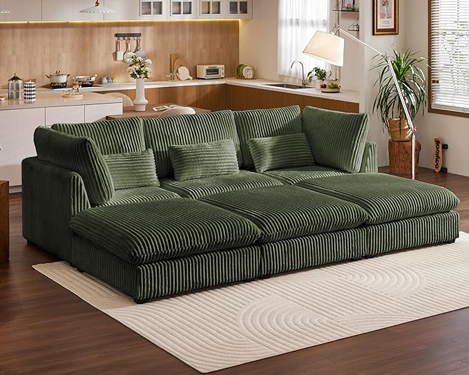 Oversized Modular Sofa, Extra Deep Cloud Corduroy Sectional Couch with Ottoman Chaise, Fluffy Chenille 6 Seater Couch Bed for Living Room, Villa (Sofa Bed 6 Seater, Corduroy Green)