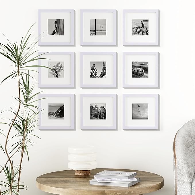 Vittanly 8x8 Picture Frames Set of 9, Shatter Resistant Plexiglass, Display 4x4 Pictures with Mat or 8x8 without Mat, Photo Frames for Wall Mount, Engineered Wood, White