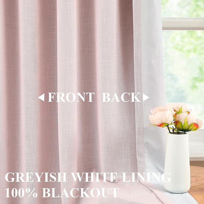 Vision Home Soft Pink Pinch Pleated Full Blackout Curtains Linen Blended Room Darkening Window Panels 108 inch for Living Room Bedroom Thermal Insulated Pinch Pleat Drapes with Hooks 60" Wx108 Lx1