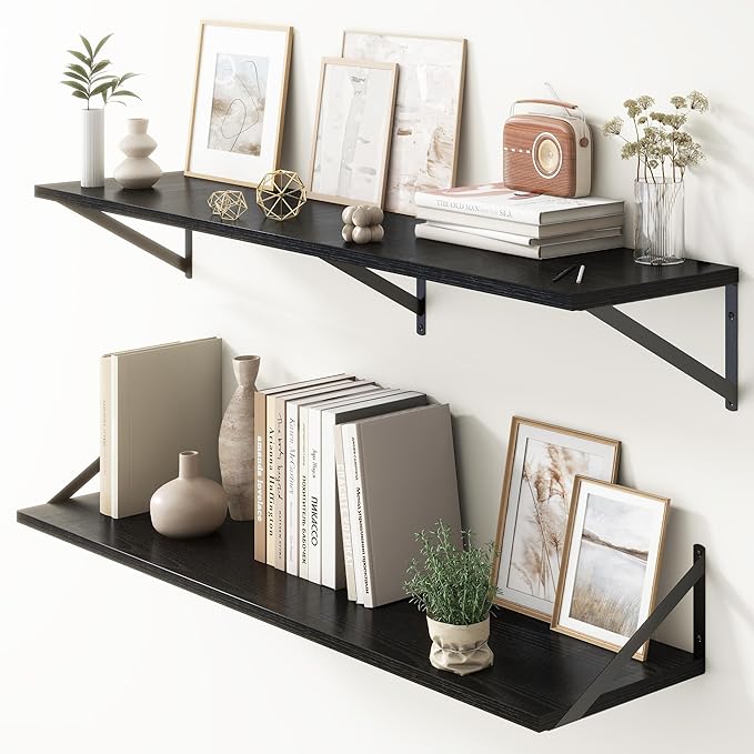 Floating Shelves 48 Inch Long, 10" Deep Floating Shelves, Black Wall Shelves 48 x 10, Set of 2, Wide Large Display Storage Shelves for Bathroom, Living Room, Rustic Wood Shelves with Brackets