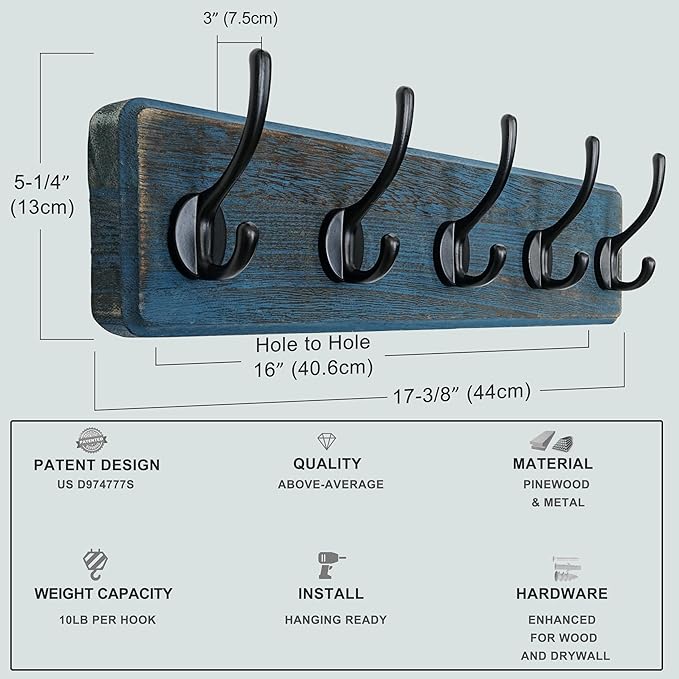 Dseap Coat Rack Wall: Patented, Heavy-Duty, 5-Double-Hooks Wooden Wall Mounted Coat Rack Coat Hanger Hook Rail for Winter Coats Hat Jacket Clothing, Weathered Blue
