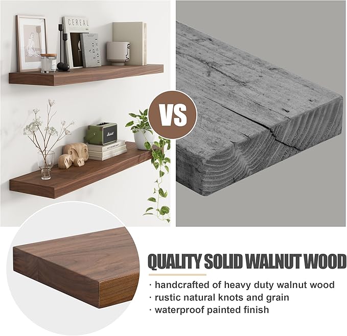 Floating Shelves for Wall, USA-Sourced Walnut Wood 48 Inch Long Wall Shelves, Natural Wooden Wall Mounted Picture Ledge Shelf, Nursery Book Storage Shelf Kids Bookshelf, Display Shelf for Bathroom