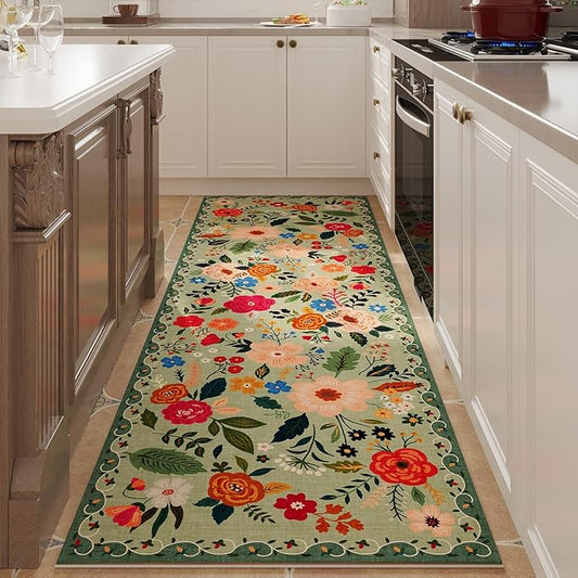 Runner Rug for Hallways Kitchen Rug Non Slip 2'6''x8' Washable Runner Rugs with Rubber Backing Soft Floral Carpet Runner for Hallways, Kitchen, Laundry, Bedroom, Bathroom(Green)