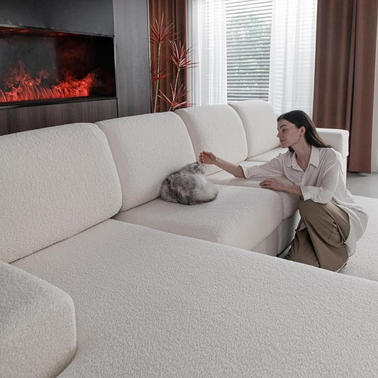 Couch Cushion Covers for Sectional Sofa, Stretch Soft Sofa Slipcovers Washable Wear-Resistant Universal Furniture Protector for Living Room(1 Piece Oversized Cover, Ivory)