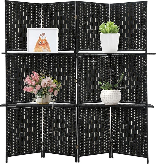 Room divider 4 panel Room Screen Divider Wooden Screen Folding Portable Partition Screen Wood with Removable Storage Shelves Color,Black