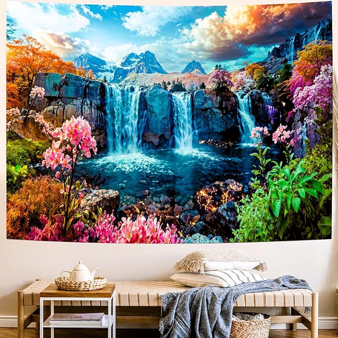 Delur Waterfall Tapestry Tropical Forest Mountain Sunset Tree Wall Hanging Tapestry Scenic Rainforest Landscape Nature Sunrise Headboard for Bedroom Living Room Home Decor (70.8" x 92.5")