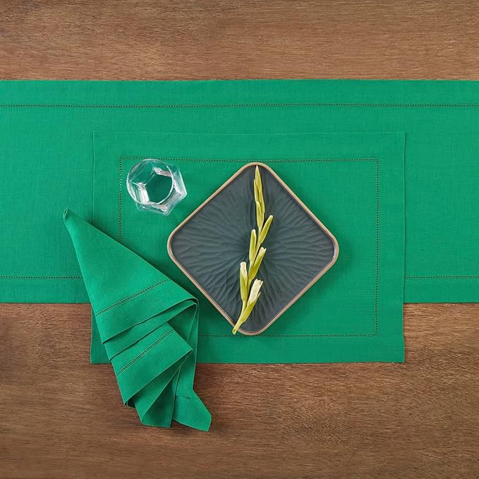 Solino Home Linen Emerald Green Hemstitch Table Runner 60 Inches - 100% Pure Linen Small Table Runner 14 x 60 Inch Ideal for Dresser and Coffee Tables - Classic Hemstitch