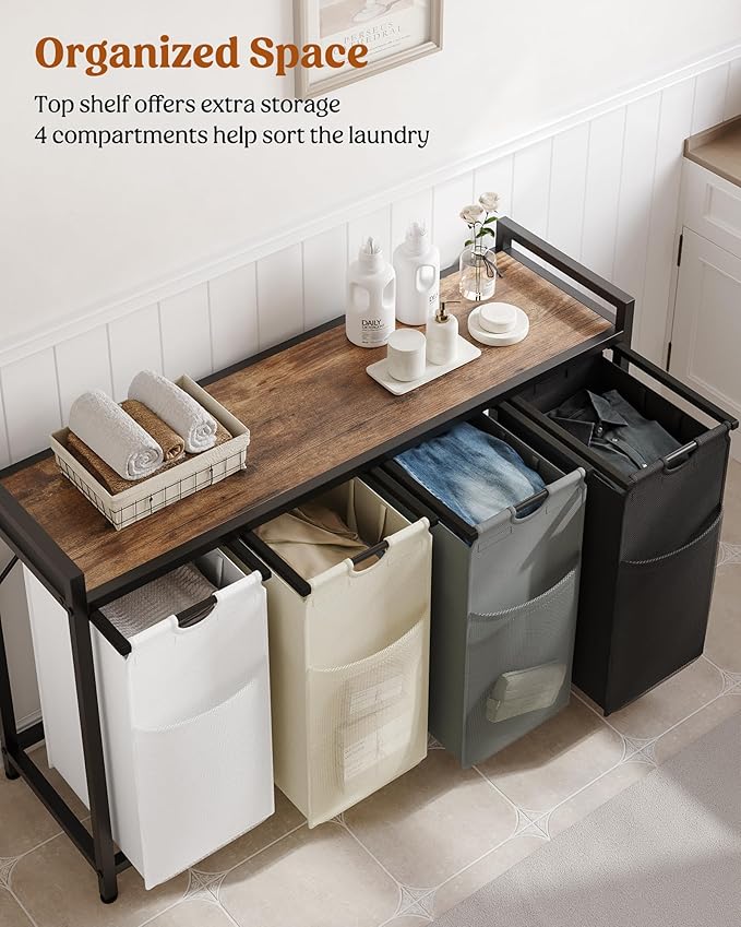 Lulive Laundry Hamper with Shelf, Laundry Basket 4 Section, Laundry Sorter Organizer with Pull-Out Removable Large 4 Color Bags & Large Top Shelf for Laundry Room, Bathroom and Dorm, 4 x 18 Gal (272L)