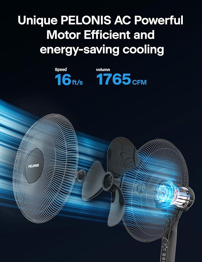 PELONIS 16'' Pedestal Fan for Bedoom, Remote, Standing Fan with 7-Hour Timer, 90° Oscillation, 3-Speeds, Adjustable Height, Electric Cooling Fans for Living Room and Office
