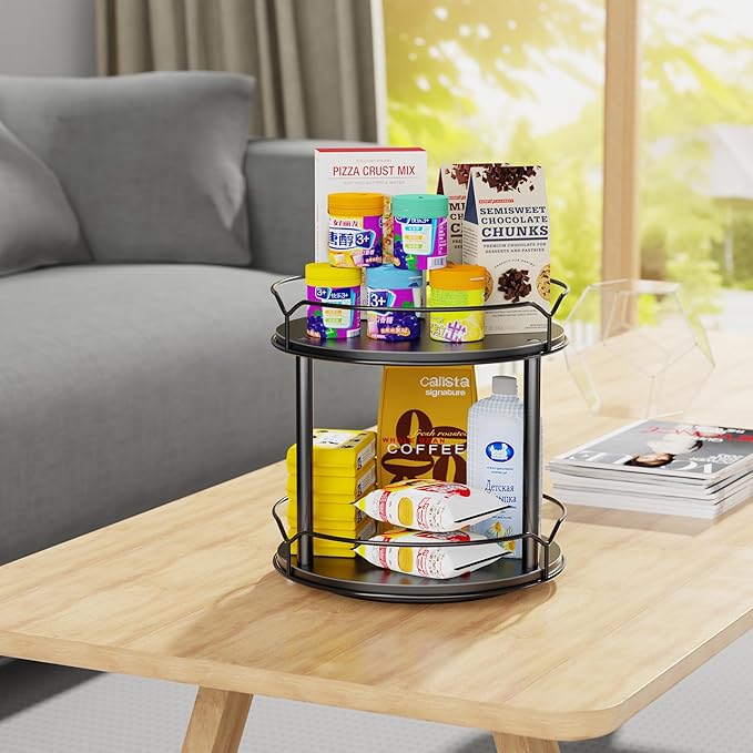 Lazy Susan Organizer 2 Tier - 9.2" Turntable Spice Rack for Table Top, Wooden Rotating Lazy Susan for Cabinet Pantry Kitchen Countertop Dining Table Cupboard Bathroom Vanity Storage(Black)