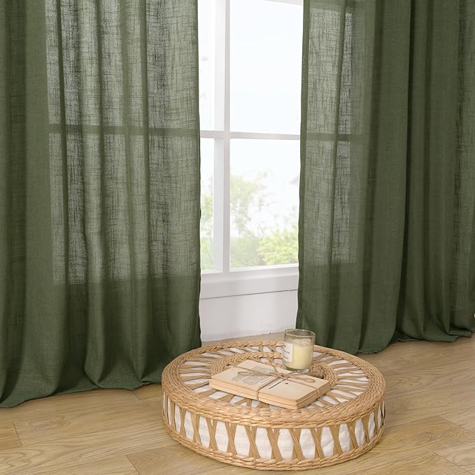 LAMIT Semi Sheer Linen Curtains 48 Inch Length, Light Filtering Panels Bronze Grommet Boho Neutral Christams Window Drapes for Kitchen/Short Windows/Cafe, Olive Green, 34 x 48 Inch, 2 Panels