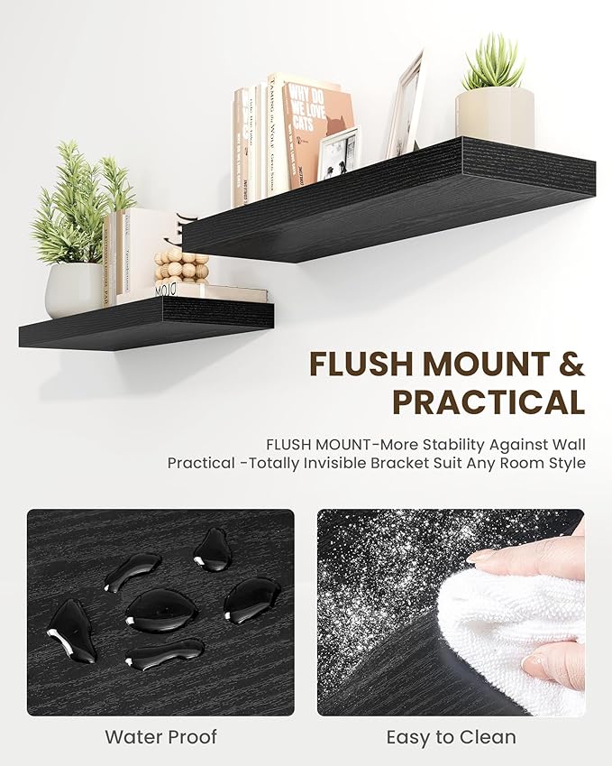 Marsmiles 31.5" Floating Shelves for Wall, Wooden Shelves with Invisible Brackets Set of 2, Rustic Farmhouse Wall Mounted Shelf for Kitchen Bathroom Living Room Study, Black