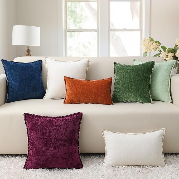 decorUhome Chenille Soft Throw Pillow Covers 20x20 Set of 2, Farmhouse Velvet Neutral Decorative Euro Pillow Covers with Stitched Edge for Couch Sofa Bed Home Decor, Neutral Gray