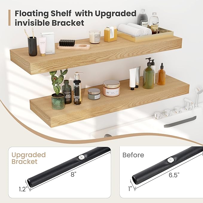 Heimlove 12 Inch Deep Floating Shelves, 12 x 12 inches Long Wall Shelf, Large Extra Display Shelf & Storage Shelf, Rustic Wood Wall Shelves for Fireplace Mantel, Oak - 2Pack