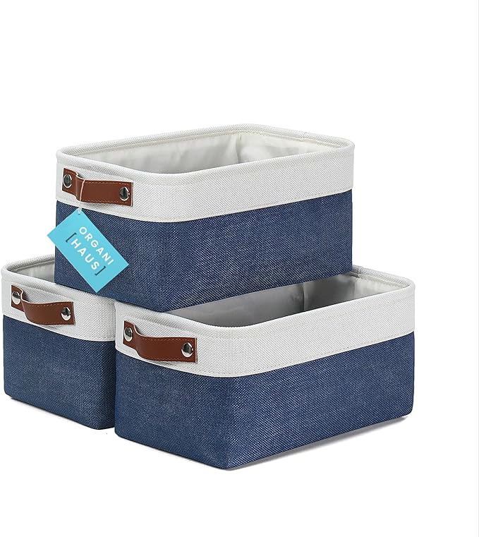OrganiHaus Small Fabric Storage Baskets for Shelves 3 Pack, 12x8in Closet Storage Bins for Shelves, Cloth Baskets for Organizing, Linen Closet Organizers, Fabric Basket, Navy Blue/White