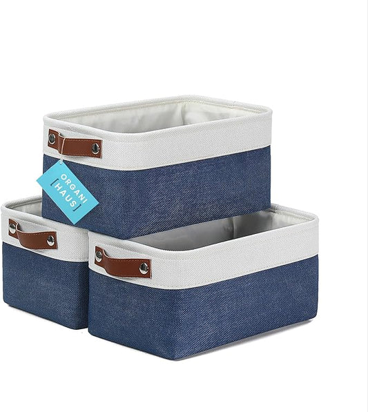 OrganiHaus Small Fabric Storage Baskets for Shelves 3 Pack, 12x8in Closet Storage Bins for Shelves, Cloth Baskets for Organizing, Linen Closet Organizers, Fabric Basket, Navy Blue/White