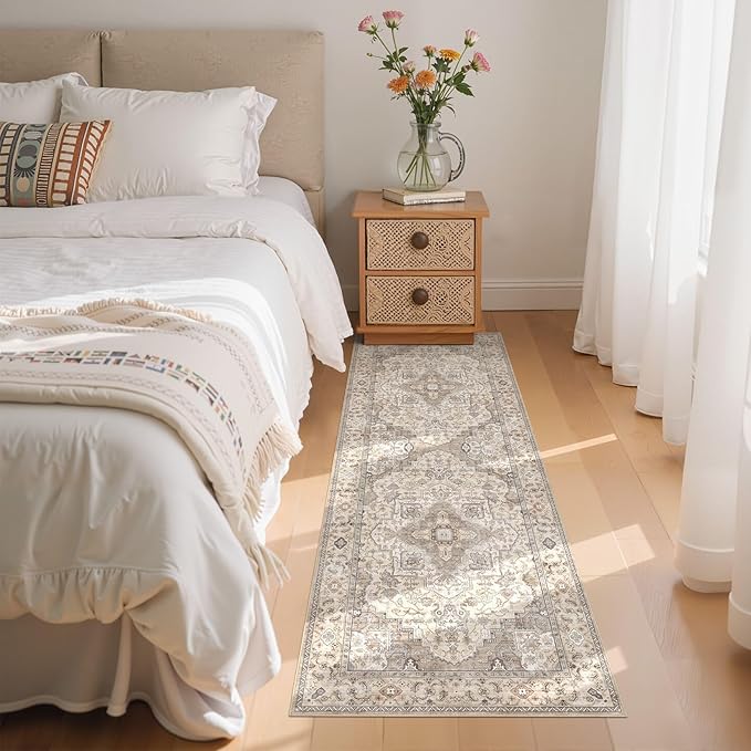 Washable 2x6 Runner Rug - Area Rugs Neutral Vintage Distressed Floral Farmhouse Boho Large Soft Floor Rug Indoor Carpet for Hallway Entryway Bedroom Kitchen - Brown/Multi