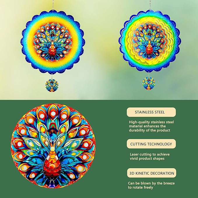 Peacock Hanging Wind Spinners,12 Inch 3D Garden Spinner Kinetic Art Garden Decorations，Stainless Steel Reflective Wind Spinners for Yard