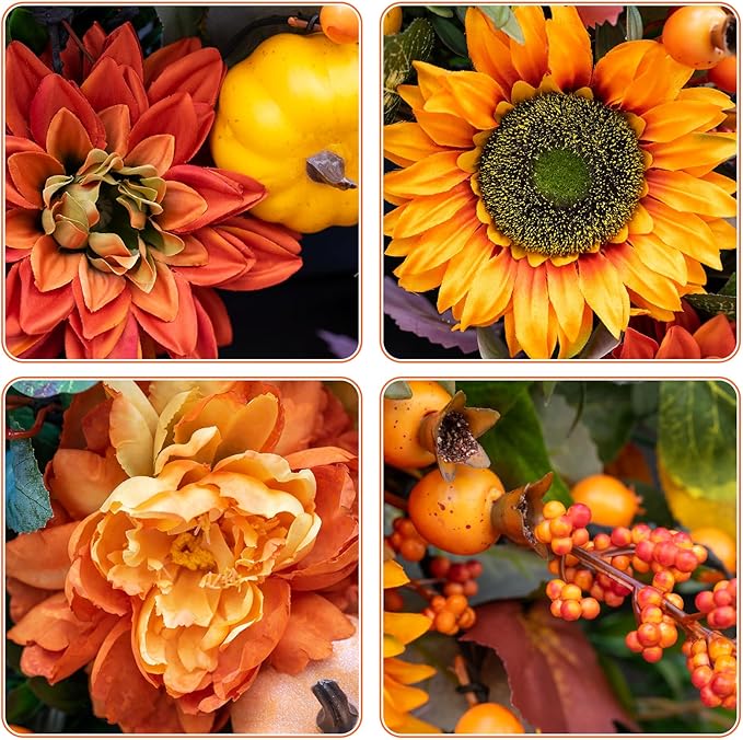 Fall Wreaths for Front Door 24 Inch Autumn Wreath with Sunflowers, Orange Dahlias, Maple Leaves & Berries – Fall Door Wreath for Outdoor or Indoor Thanksgiving Decor