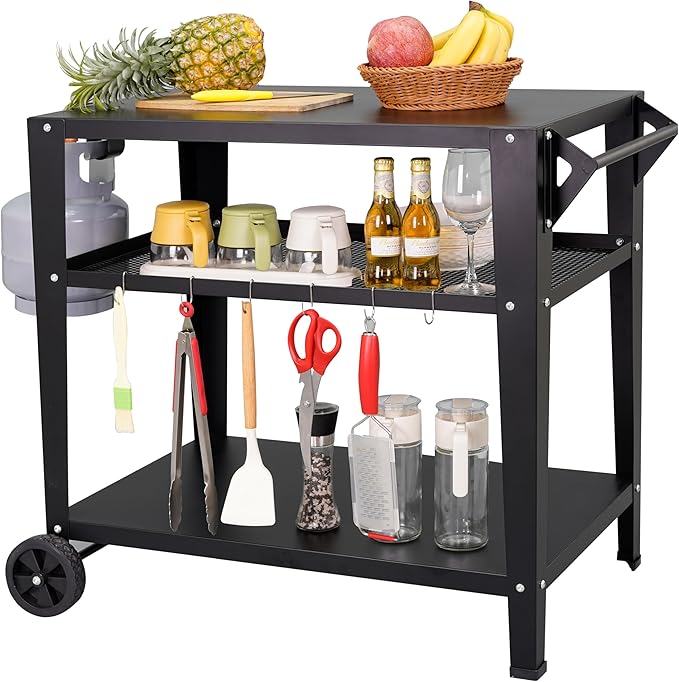 Black Outdoor Grill Cart with Wheels, Heavy-Duty 3-Tier BBQ Prep Table for Pizza Oven, Griddle, Patio – Rustproof Commercial Kitchen Cart with Tool Hooks