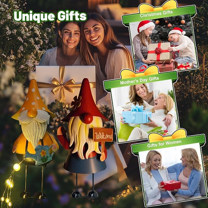 HONGLAND Metal Gnome Yard Art -18 Inch Garden Gnomes Statues Outdoor Decor with Watering Can Solar Lights -3D Outdoor Figurines for Patio Yard Lawn Porch Ornament Gardening Gifts