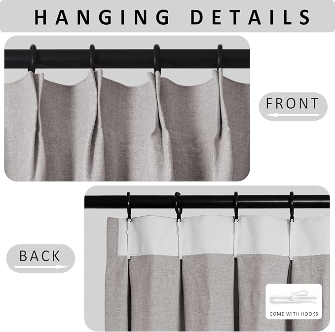 Macochico Pinch Pleated Blackout Curtains 102 Inches Long 100% Light Blocking Browish Grey Linen Drapes for Bedroom Living Room Farmhouse Shabby Chic Burlap Curtains with Tieback 72”Wx102”L 1 Panel