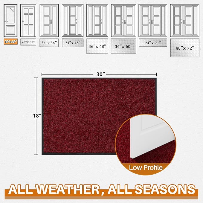 Mibao Front Door Mat, Dirt Trapper Welcome Mat for Outdoor Indoor, Non-Slip Waterproof Doormat, Durable Machine Washable Low Profile Entry Rug for Back Door Outside Patio Porch, 32" x 20", Red