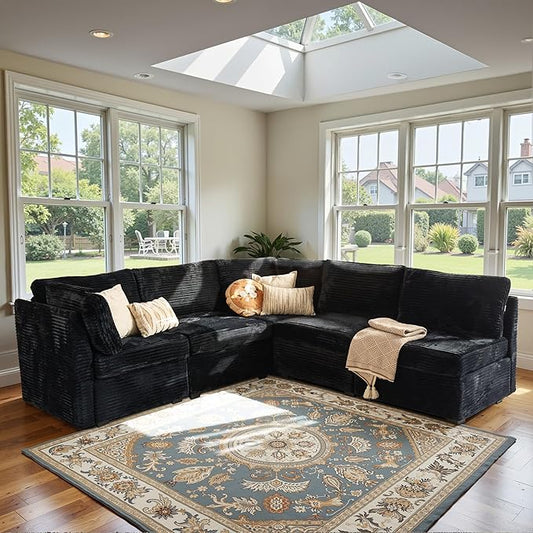 Modular Sectional Sofa with Chaise U Shaped Sectional Couch for Living Room, 5-Seater Comfy Cloud Couches, Plush Corduroy, Black