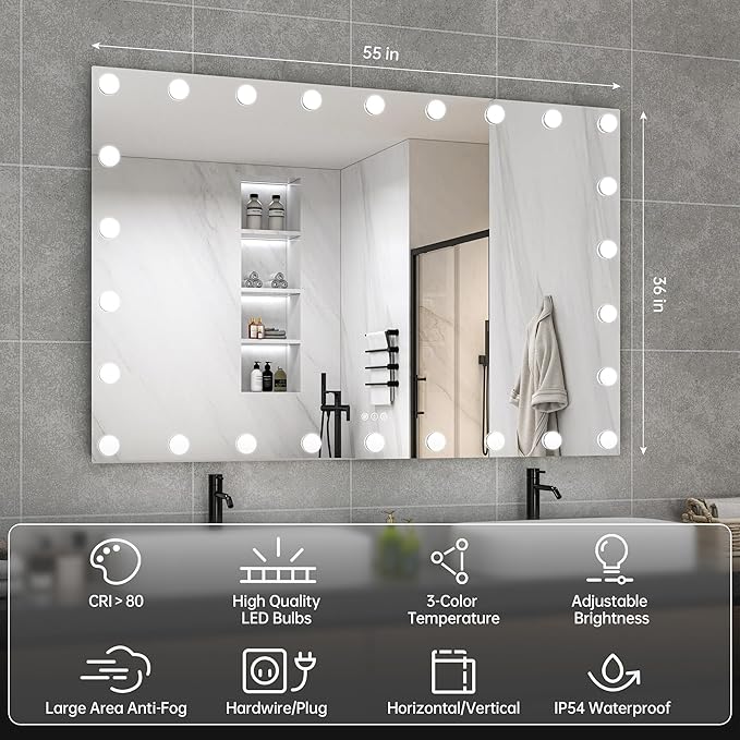 Hasipu LED Bathroom Mirror with Lights, 55" x 36" Hollywood Wall-Mounted Bathroom Mirror with 26 Dimmable Bulbs, 3 Colors Modes, Touch Control, Anti-Fog, Memory Function, Shatter-Proof, ETL Listed