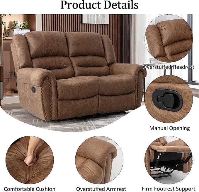 CANMOV Manual Reclining Sofa Set,Faux Leather Manual Recliner Loveseat and Recliner Chair with Overstuffed Armrest for Living Room,Bedroom Furniture,Office,Nut Brown
