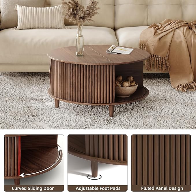 Round Coffee Table with Storage,Fluted Center Table with Sliding Cabinet Door for Living Room,Home Small Space,31.5" Small Center Table,Walnut