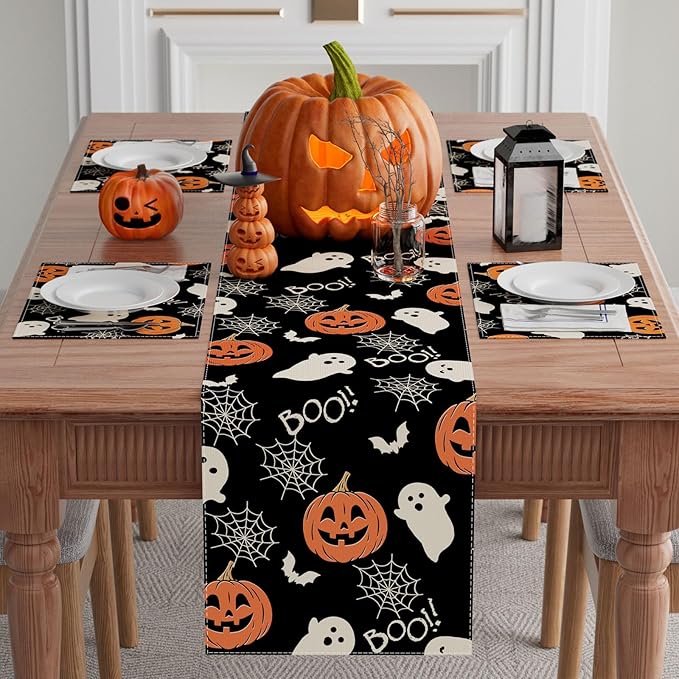 XCHI Boo Spooky Ghost Pumpkin Halloween Table Runner Burlap Table Decoration for Home Kitchen Dining Dinner Indoor Holiday Farmhouse Decor 13x48 Inch