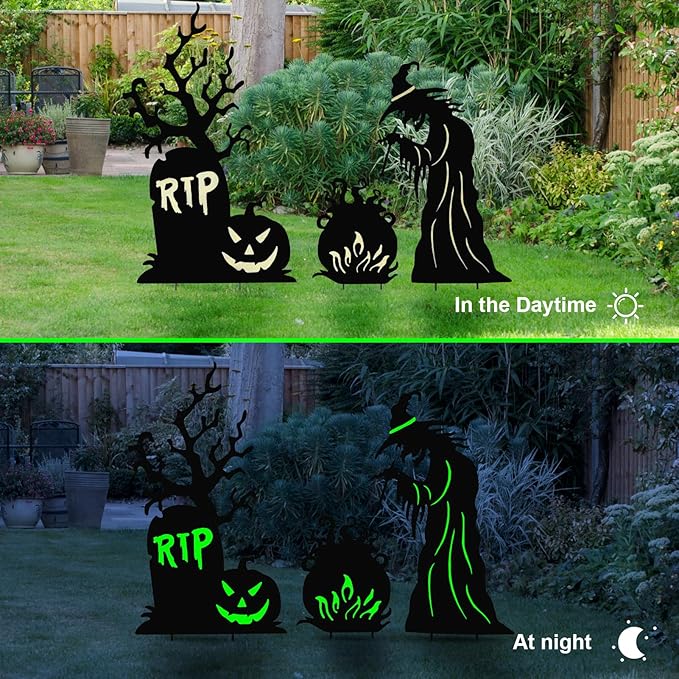 Halloween Yard Signs Outdoor Decorations，3 Pack Scary Large Witch Tombstone Cauldron Fluorescent Metal Stakes Glow in The Dark for Lawn Garden Halloween Decor (Large Witch Tombstone Cauldron)