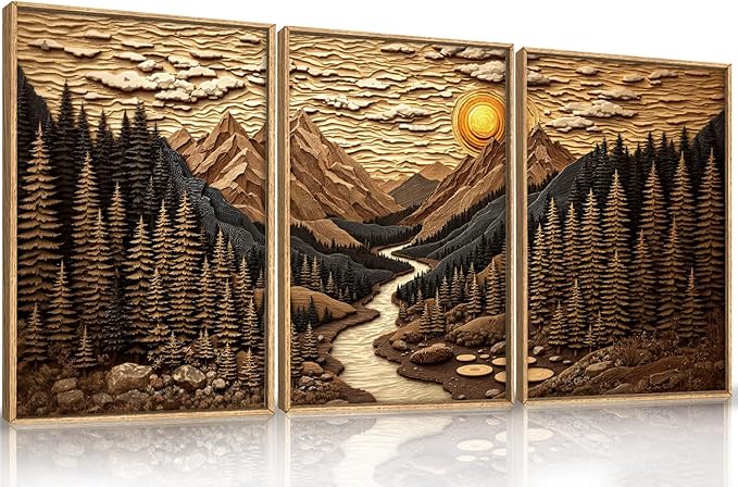 HPINUB Abstract Landscape Mountain Canvas Wall Art Set, Vibrant Sun Forest Pine Tree Wall Decor, Wilderness Nature River Artwork Rustic Scenery Art Print for Living Room,Bedroom,Office-16 x24 x3