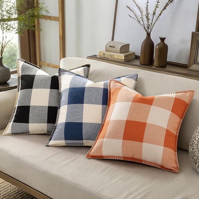 decorUhome Buffalo Plaid Check Throw Pillow Covers 18x18 Set of 2, Outdoor Decorative Farmhouse Neutral Pillow Covers with Stitched Edge for Bed Couch Sofa, Navy Blue and White