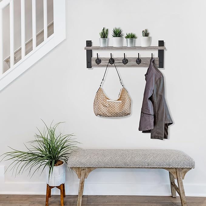Sorbus Coat Hooks Wall Mount with Shelf – 24 Inch Coat Rack Wall Mount with 5 Heavy Duty Hooks – Floating Wall Shelf with Hooks for Entryway, Bathroom, Bedroom, Kitchen, or Mudroom (Gray)