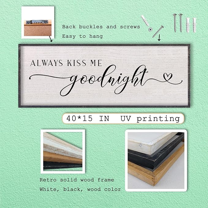 LuZhiQiang Above Bed Love Theme Wall Decor Always Kiss Me Goodnight Sign 40"×15" Wood Framed for Master Bedroom Over Bed Wall Art (Black)