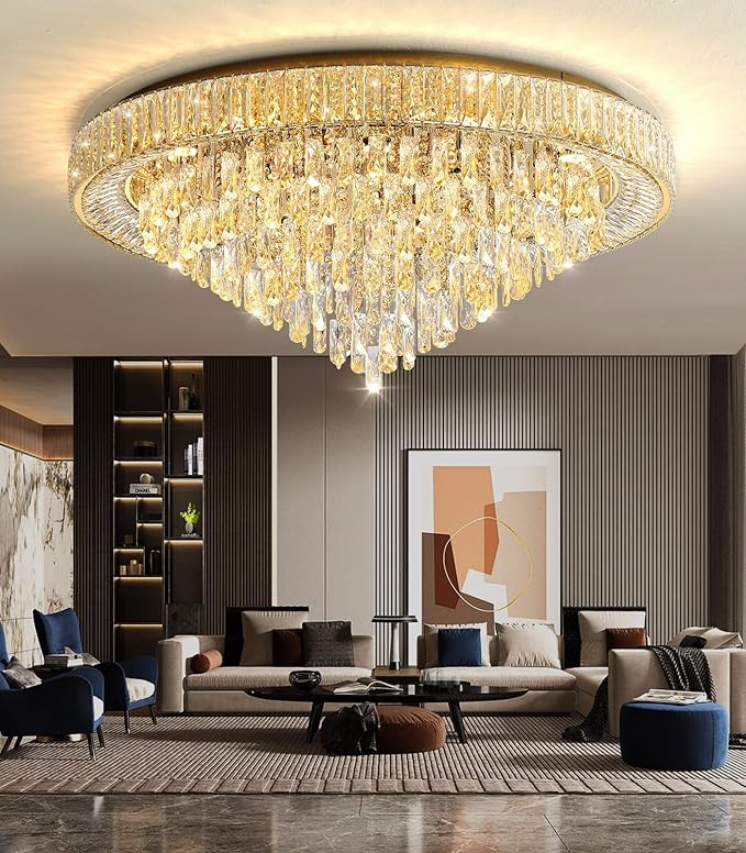 Modern Crystal Large Chandeliers LED Dimmable Flush Mount Ceiling Chandeliers for Living Room High Ceiling Entrance Foyer Bedroom