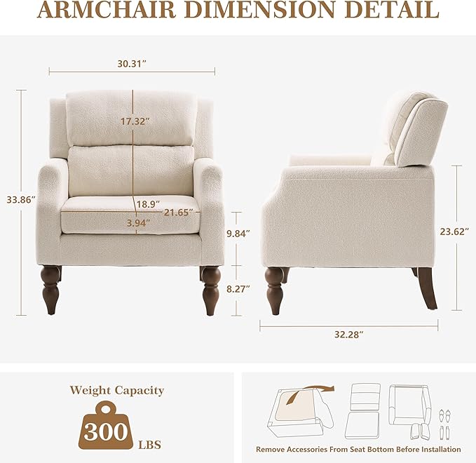 Kidol & Shellder White Oversized Accent Chair for Living Room Mid Century Modern Reading Chair with Back Wide Upholstered Comfy Single Sofa Chair for Bedroom Lounge Side Corner Chair Fabric Armchair