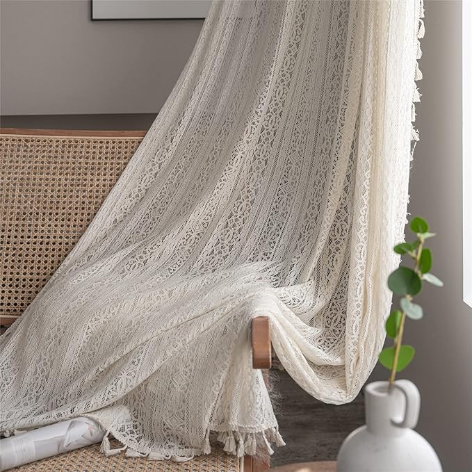 Sutuo Home Boho Curtain Crochet Lace Semi-Sheer Florals Hollow Knitted Handmade Tassels, Rod Pocket Window Treatment Vintage Rustic Farmhouse Drapes for Living Bedroom, 1 Panel 59" W x 72" L, Beige