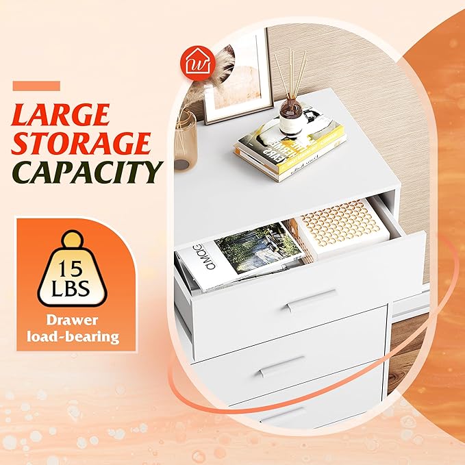 WLIVE White Wood Dresser for Bedroom with 4 Drawers, Tall Chest of Drawers with Sturdy Metal Frame for Living Room, Hallway, Closet