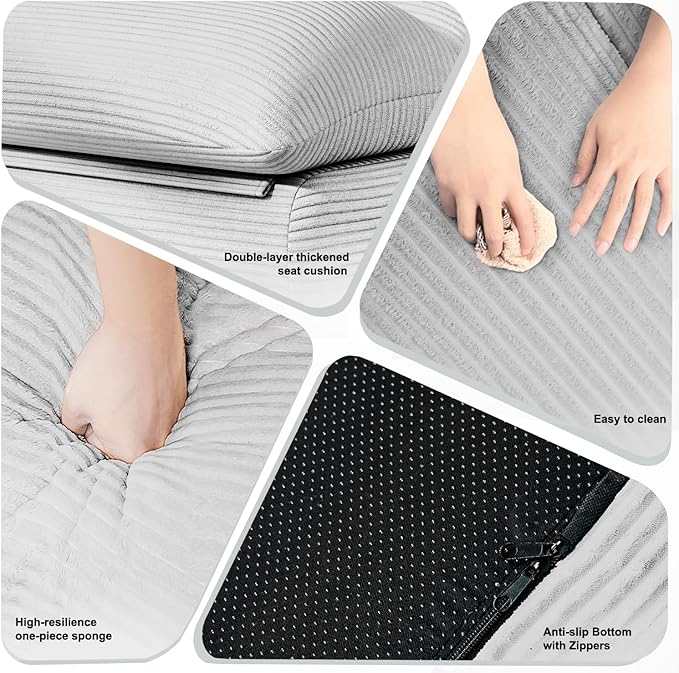 Misolant Bean Bag Chairs，Big Corduroy Fabric Sofa Bean Bag Chair for Adults and Teens with High-Resilience Sponge, Non-Slip Base Floor Lounge Sofa for Home, Living Room, Bedroom, Gaming Light Gray