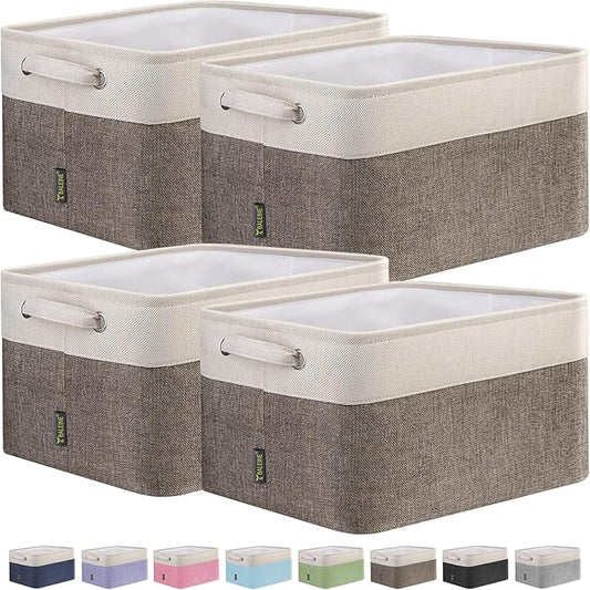 BALEINE 4 Pack Fabric Storage Bins for Shelves, Linen Storage Baskets for Organizing, Decorative Closet Bins for Clothes, Home (Brown, 12"x8"x8")