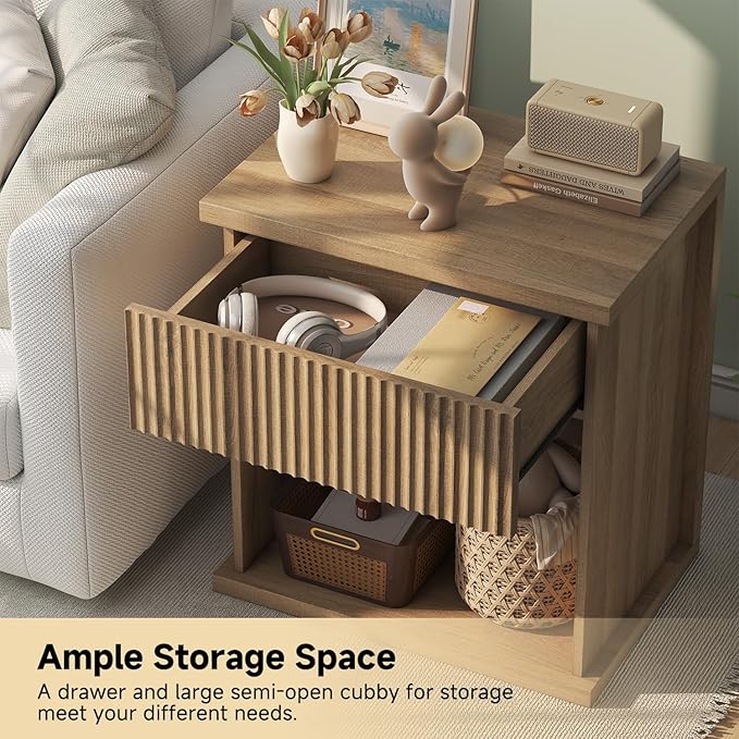 Fluted Nightstand, 22.8" Wide Nightstands with Drawer Storage Large Wood BedsideTable Night Stand for Bedroom Living Room Office, Natural Oak